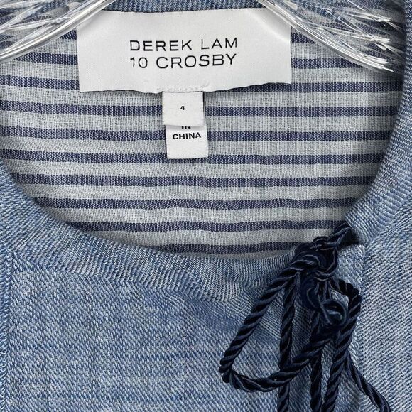 DEREK LAM 10 CROSBY Womens Chambray Top Sz 4 Tie-Detail Popover Tassels Cotton - Picture 7 of 9